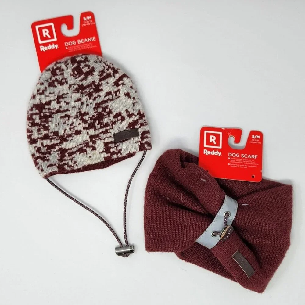 Reddy Reflective Dog Cat Adjustable Sweater Scarf Maroon & Camo Beanie Hat S / M